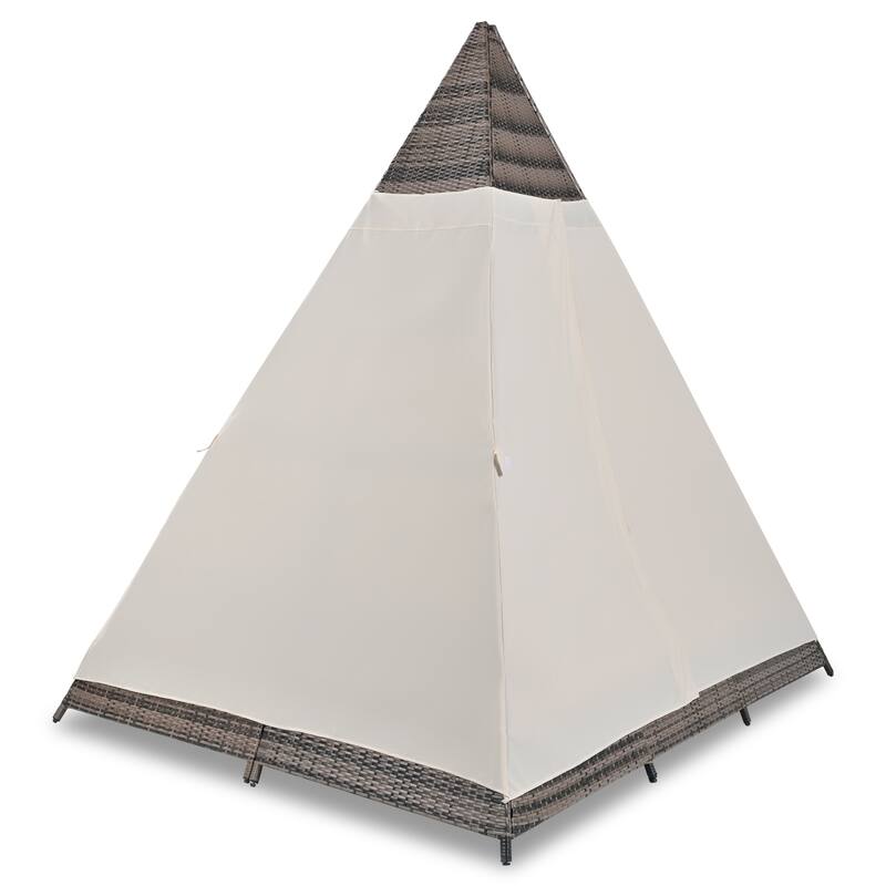 90.5" Outdoor Patio Wicker Triangle Tent Daybed Sunbed with Colorful Pillows and Curtain