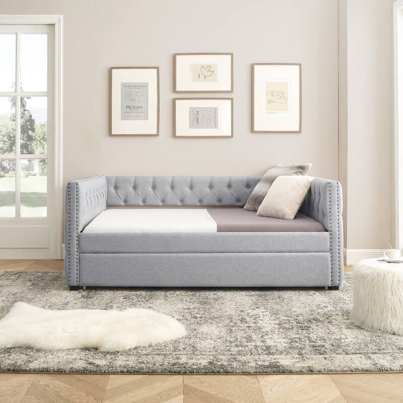 Tufted Daybed Upholstered Frame Sofa Bed with Button Copper Nail on Square Arms, and Pull-out Trundle Bed or Storage Drawers