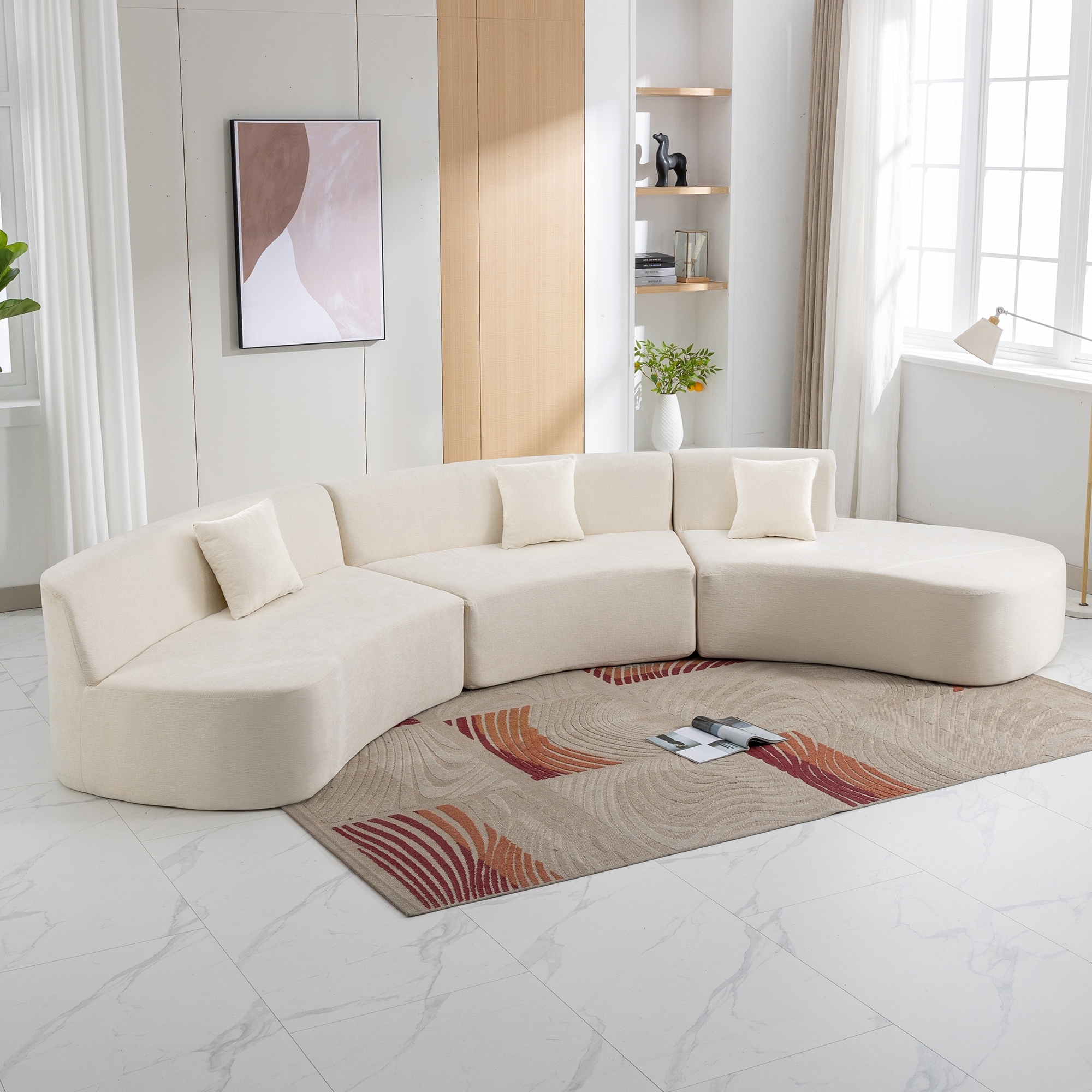Unique Design Curved Sectional Sofa Couch with Three Throw Pillows Grey