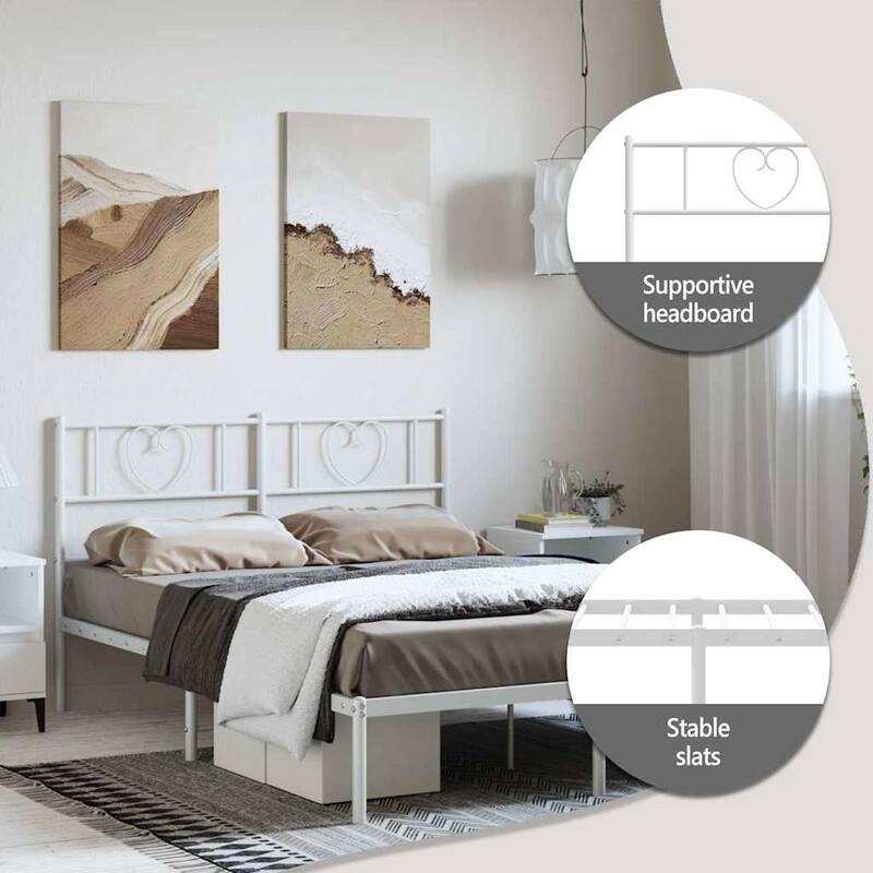 vidaXL Full Metal Bed Frame with Headboard, White, No Mattress - 77.2" x 55.9" x 35.4"