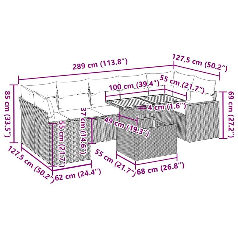 vidaXL Patio Sofa Set with Cushions Modular Outdoor Seating 8 Piece Poly Rattan - 21.7 x 39.4 x 28.7