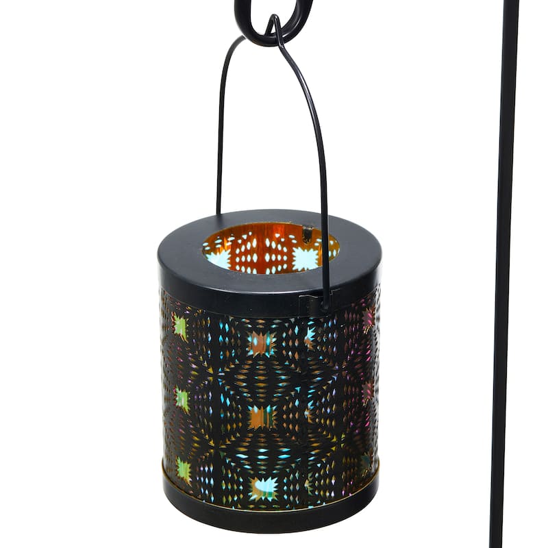 Glitzhome Set of 2 Metal Cutout Laser Outdoor Solar Lantern with Hanging LED Light Garden Stakes