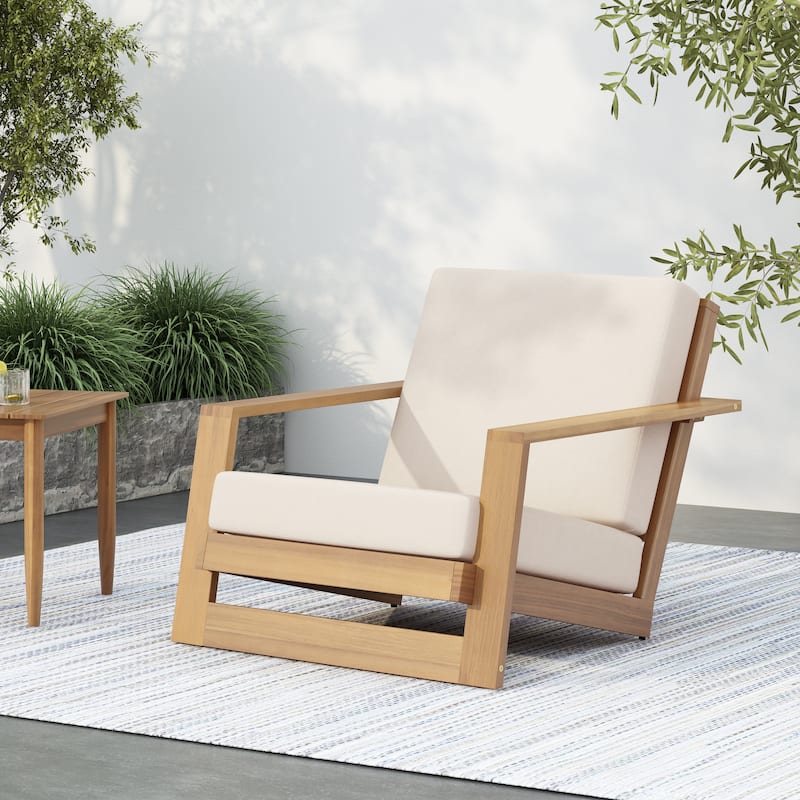 Christopher Knight Home-Lip Acacia Wood Patio Lounge Chair - 1 Piece - Light Teak Finish+Beige Cushion