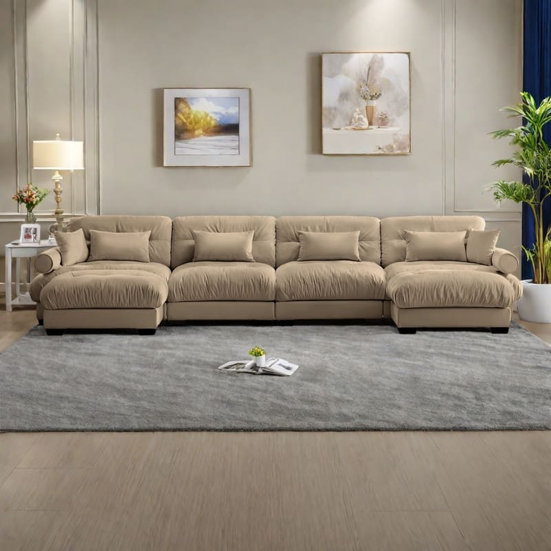 166" 4-Seat Velvet U-Shaped Sectional Cloud Couch with Movable Ottomans, Bolstered Armrests, and Included Pillows - Camel