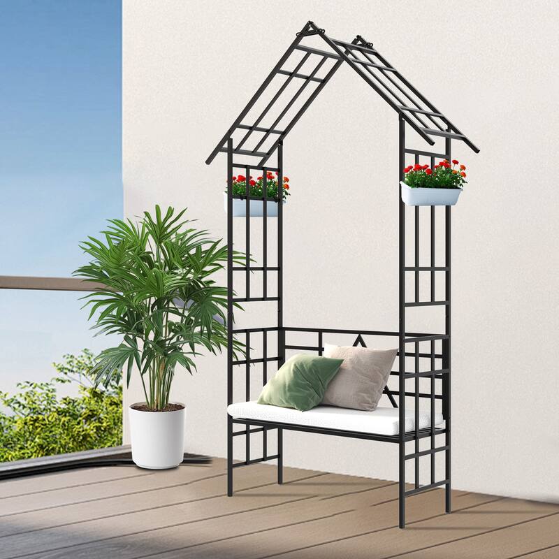Anmytek Black Metal Garden Arch with Bench and Flower Stand for Climbing Plants Rose Arbor - Black