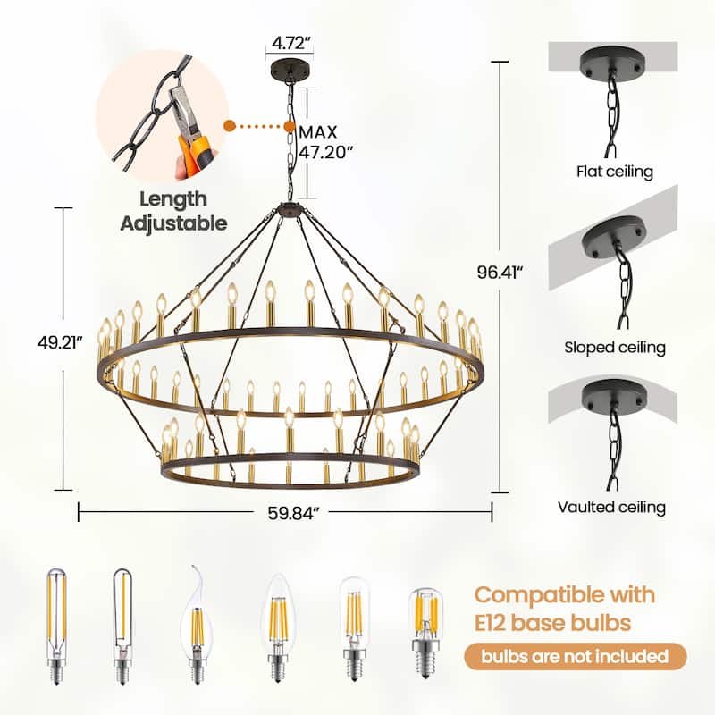 59.84'' 54-Lights Candle Dimmable Two Tiers Wagon Wheel Chandeliers