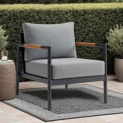 Crown Black Aluminum and Teak Wood Outdoor Chair with Gray Cushions