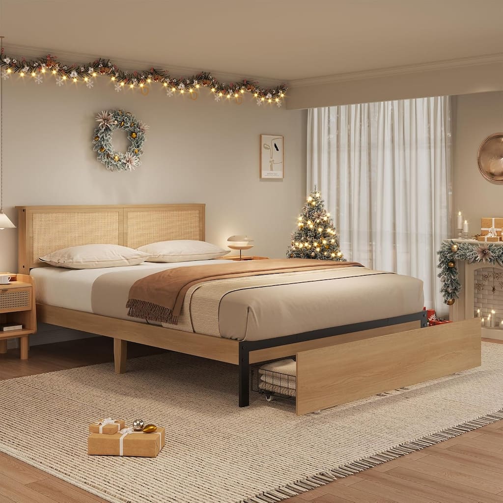 Cane Bed Frame with 2 Storage Drawers and Strong Wood Slats Support