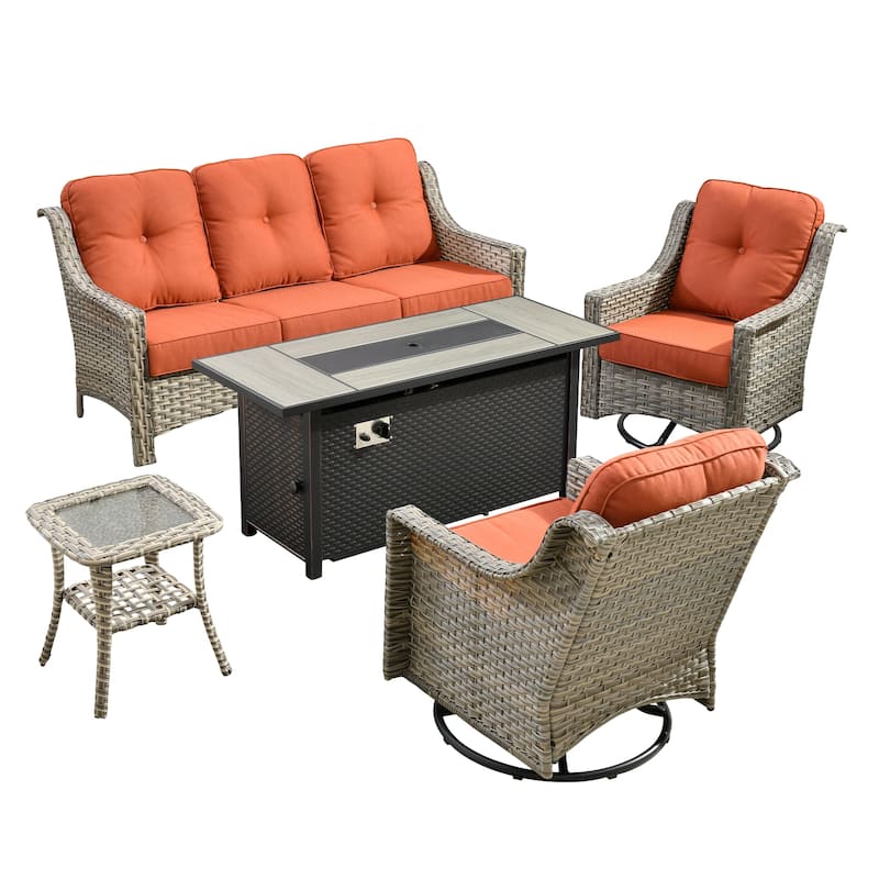 OVIOS 5 Pieces Outdoor Wicker Set with 54" Fire Table
