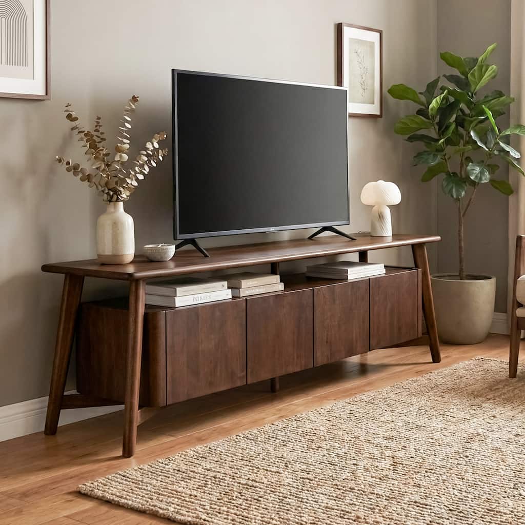 Furniture of America Abigail VI Mid-Century Modern 71-inch Walnut Solid Wood TV Stand with Drawers and Cabinets