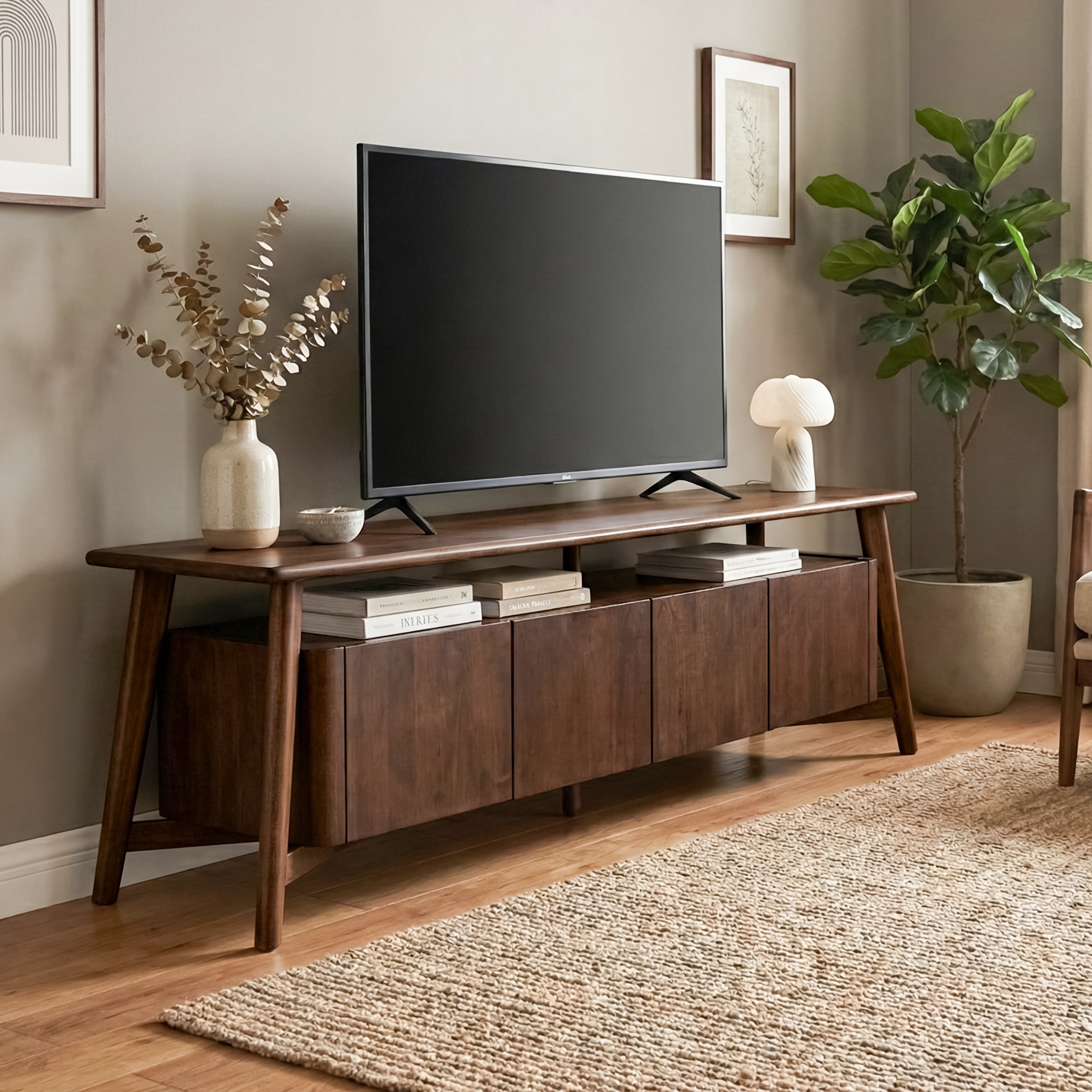 Furniture of America Abigail VI Mid-Century Modern 71-inch Walnut Solid Wood TV Stand with Drawers and Cabinets