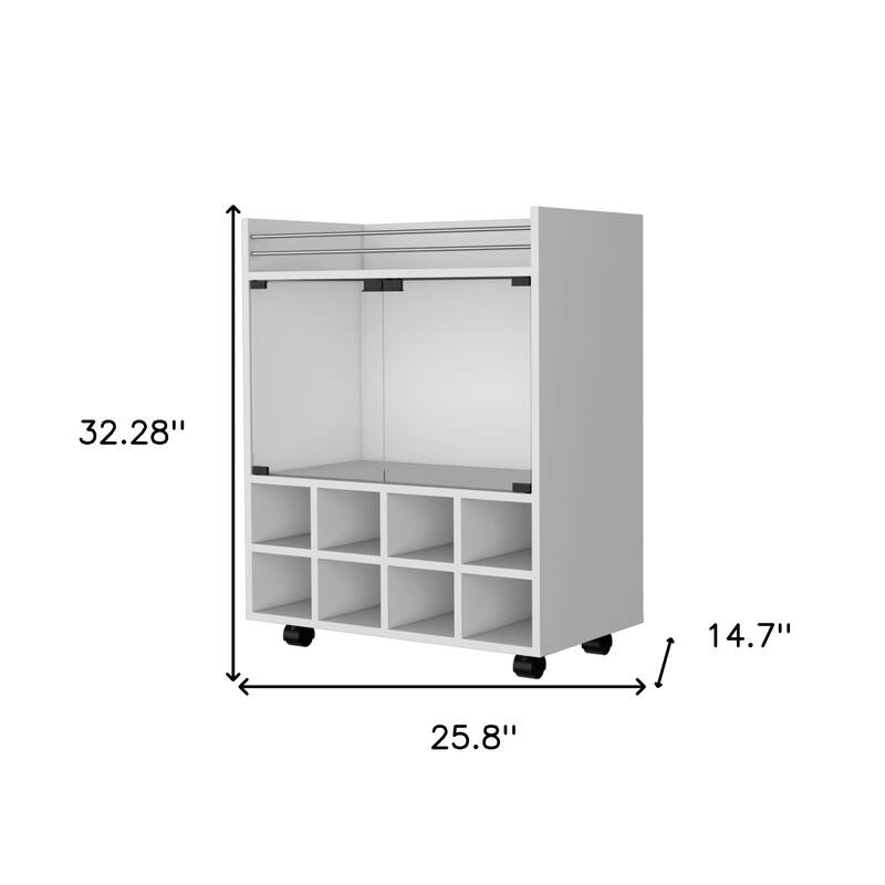 Modern White Bar Cart with Wine Rack and Cabinet Storage Holds 8 Bottles, Rolling Wheels, Wood Frame - 25.8" x 14.7" x 32.28"