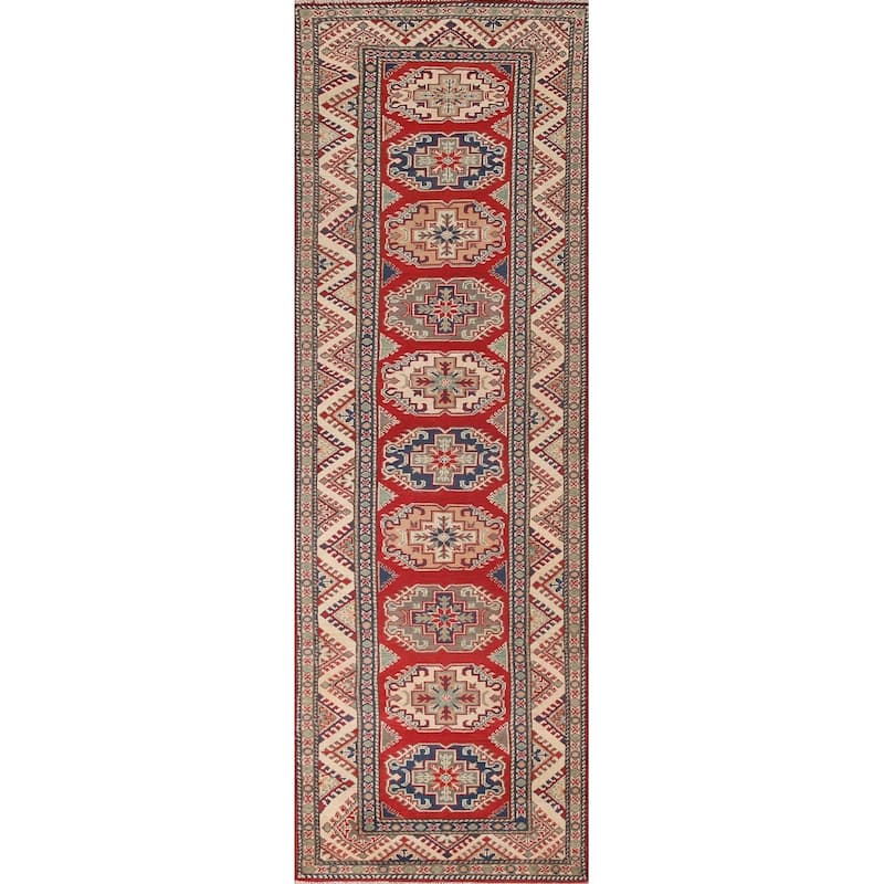 Geometric Red Kazak Runner Rug Handmade Oriental Wool Carpet - 2'9" x 10'8"