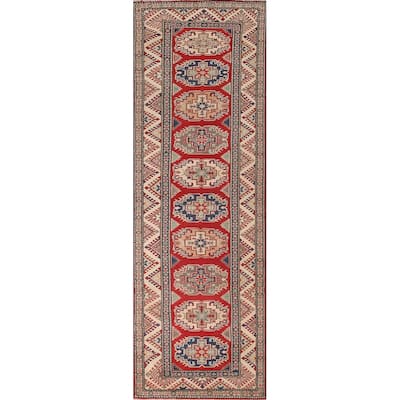 Geometric Red Kazak Runner Rug Handmade Oriental Wool Carpet - 2'9" x 10'8"