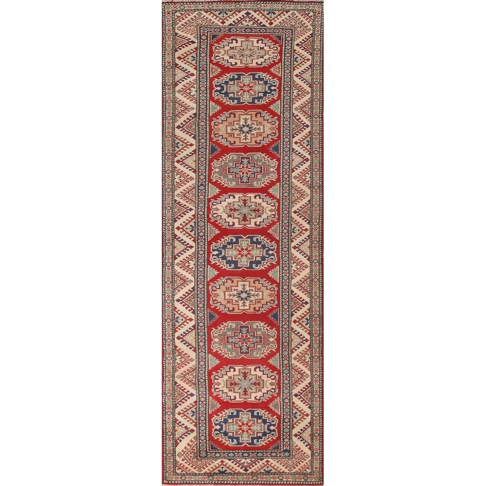 Geometric Red Kazak Runner Rug Handmade Oriental Wool Carpet - 2'9" x 10'8"