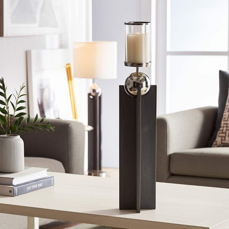 Candle Holder - Gray Wood Pillar with Metal Sphere