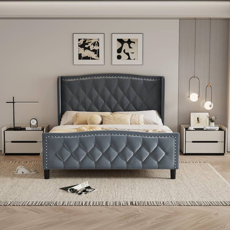 Gray Queen Size Upholstered Velvet Platform Bed with Wingback Headboard and Wooden Slats