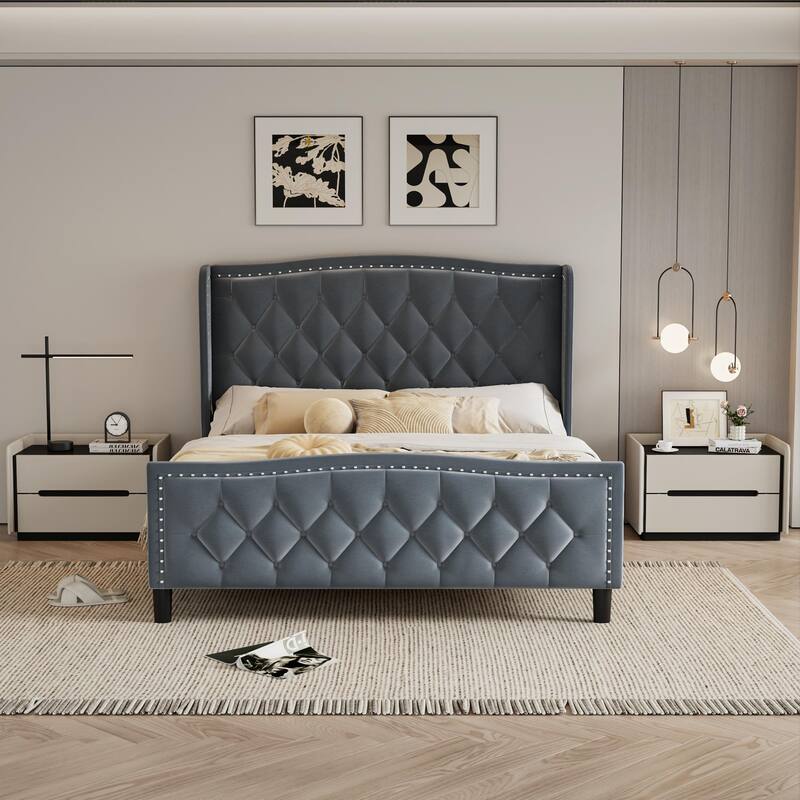 Modern Queen Size Upholstered Platform Bed Frame with Wingback Headboard, No Box Spring Needed, Easy Assembly for Bedroom
