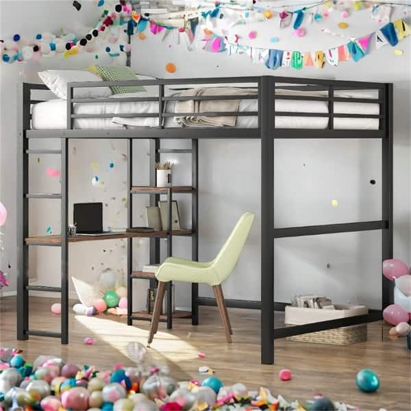 slide 2 of 12, Full Size Loft Bed with Desk and Shelves, Black Black