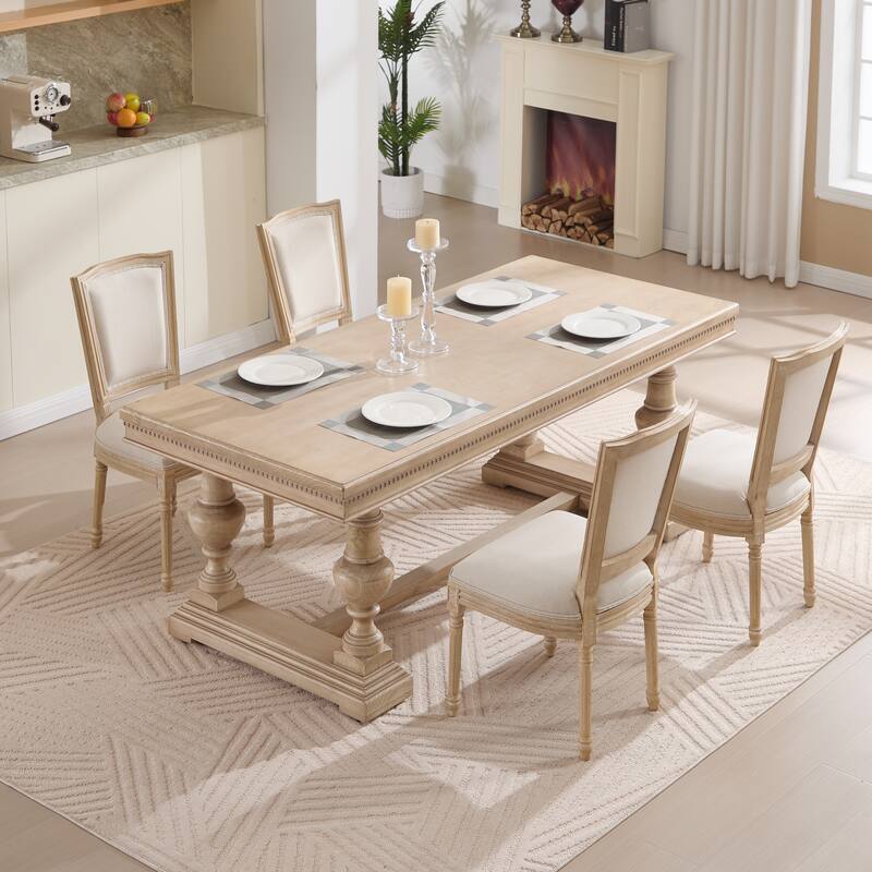 French Country Dining Chairs Set of 2, Upholstered Chairs with T-shaped Back, Wire drawing and carving techniques