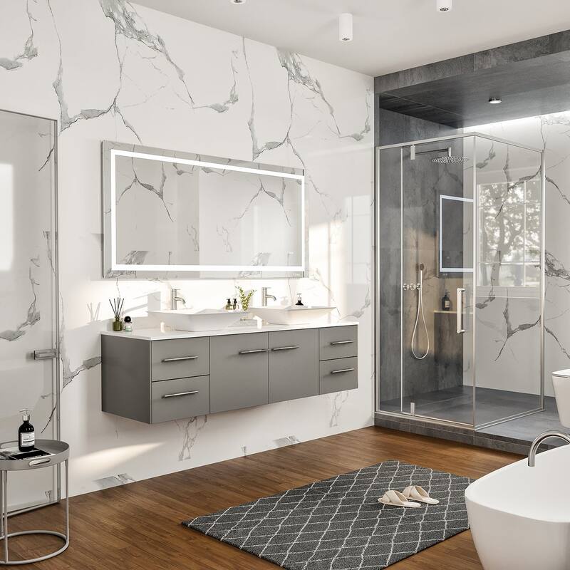 Eviva Wave 60" Gray DS Bath Vanity with Quartz Top & Vessel Sinks