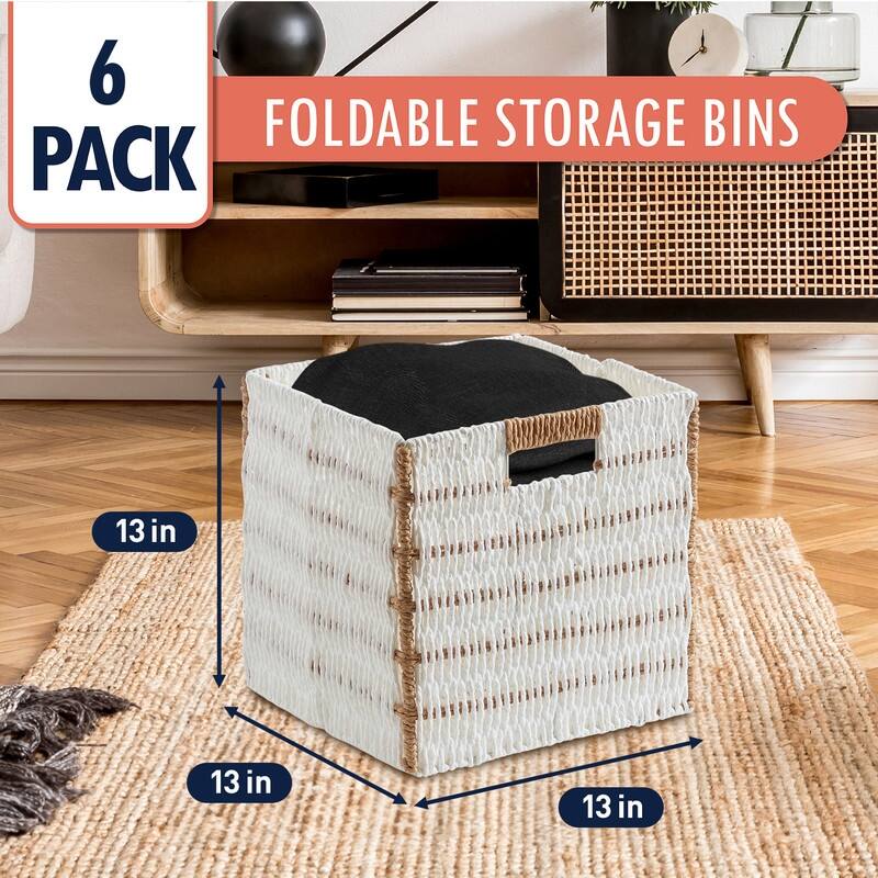 Handwoven Paper Wicker Storage Bins – Set of 6 Collapsible 13x13" Cube Baskets with Handles - 6 Pack