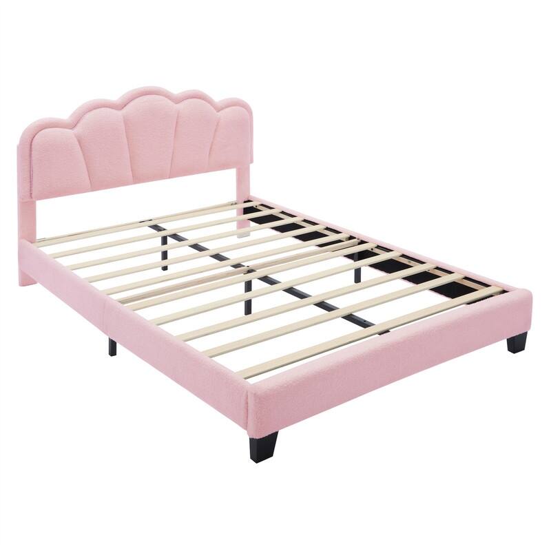 Upholstered Platform Bed with Flower-Shaped Headboard & LED Light Strip, Twin/Full Size Sherpa Fabric Bed Frame w/ Slats Support