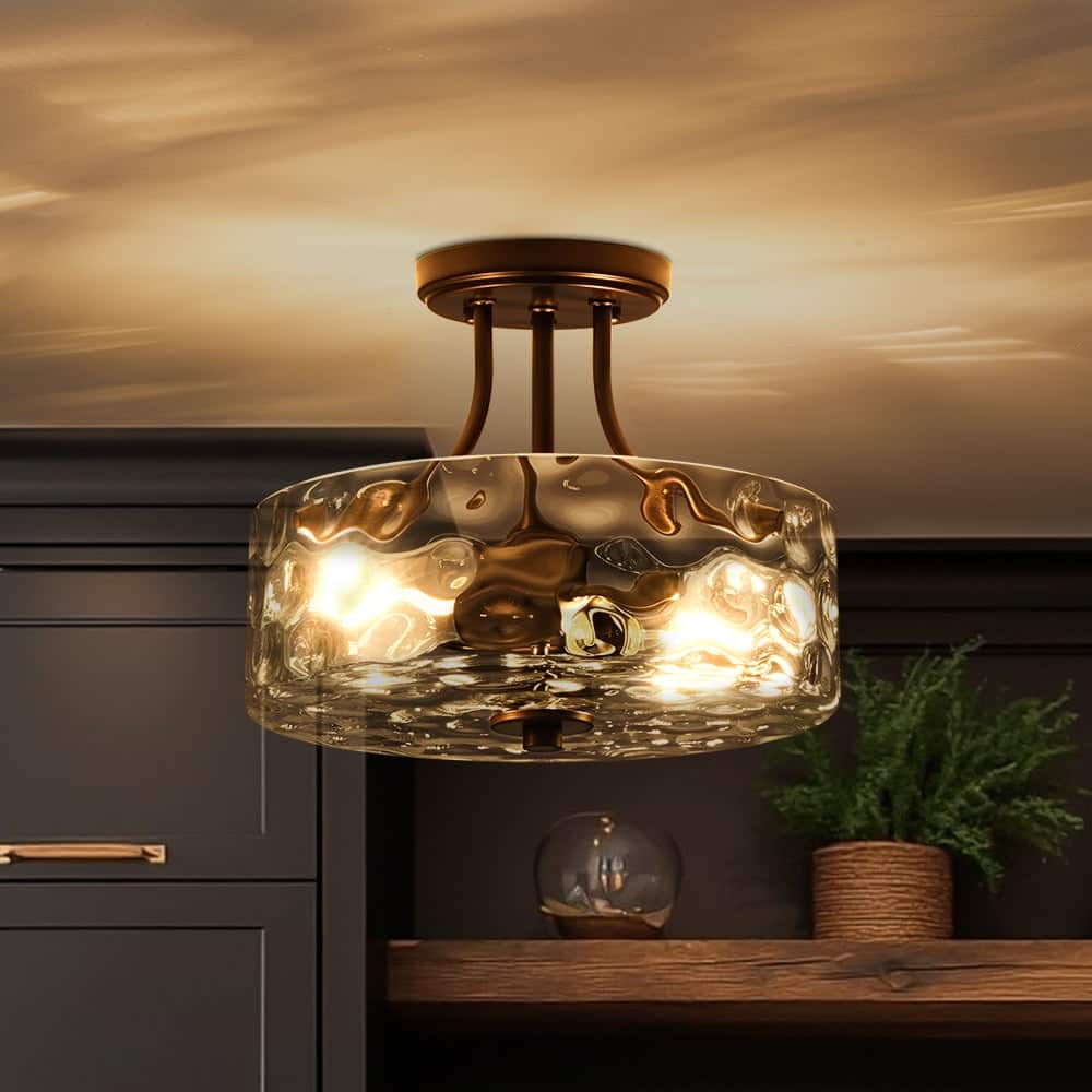 Nickel 2-Light Water Glass Round Semi Flush Ceiling Light - 11.8in