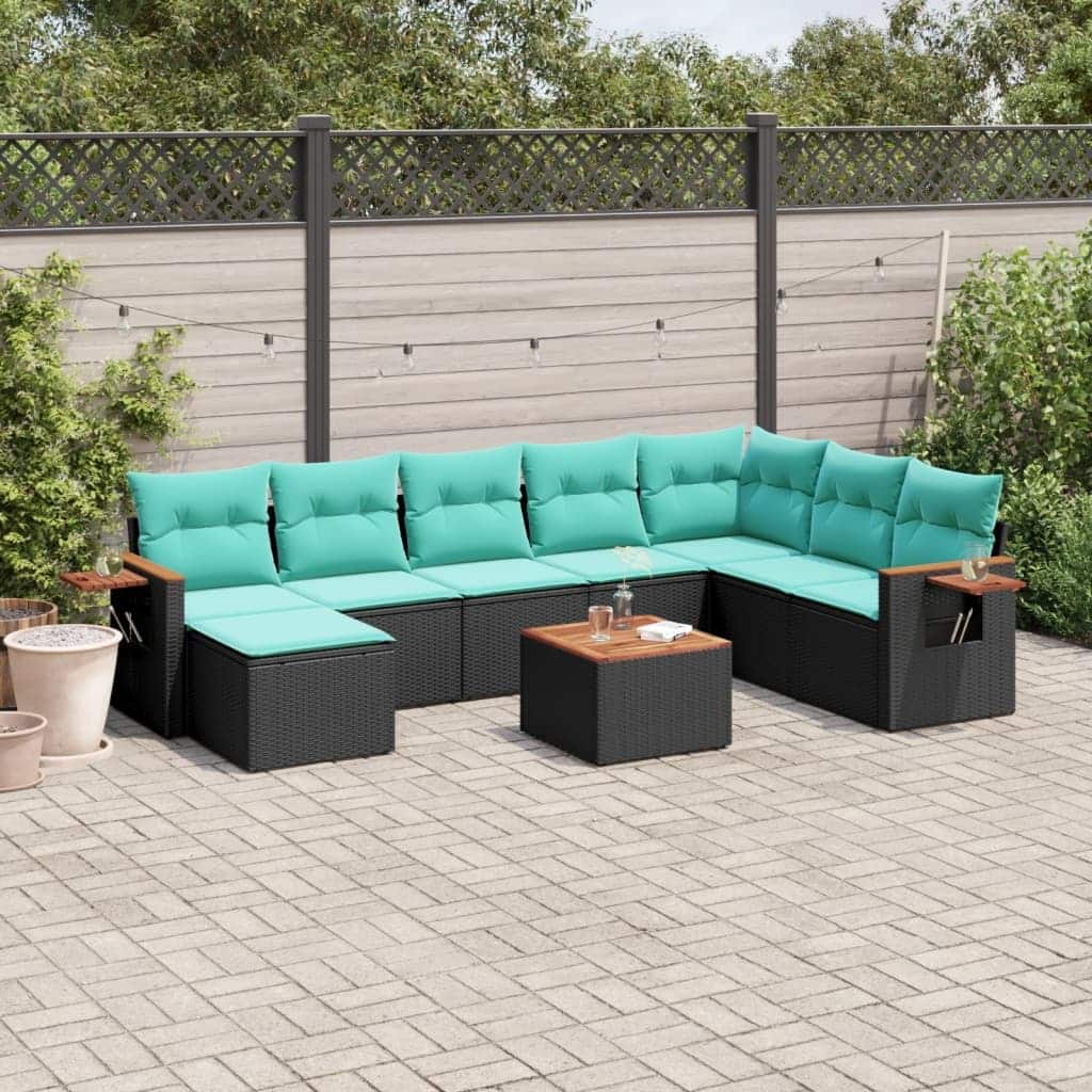 vidaXL 9 Piece Patio Sofa Set with Cushions Black Poly Rattan (US only) - 24.4 x 24.4 x 27.2