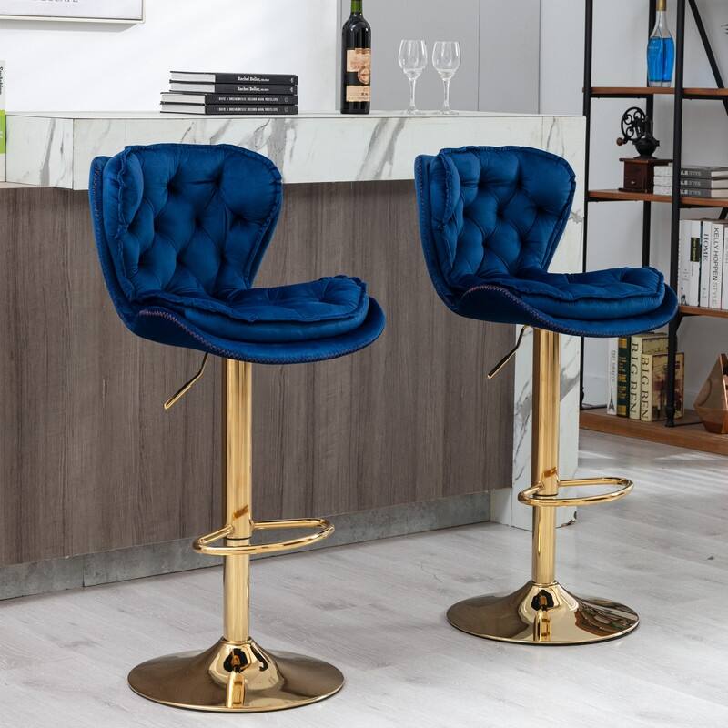 Modern Chrome and Velvet Bar Stool Set of 2 - Swivel & Height Adjustable - Navy Blue