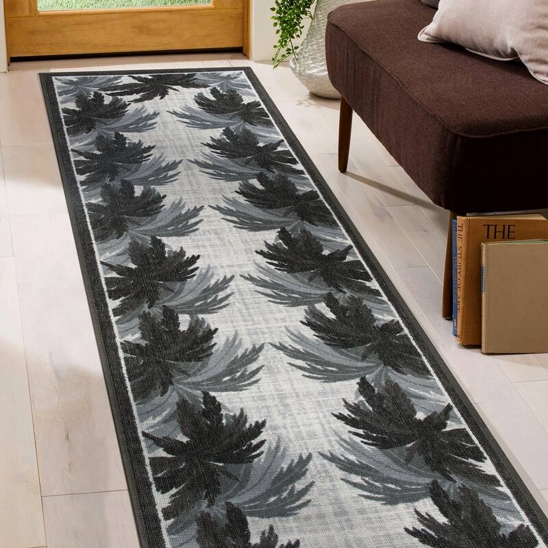 Tropical Floral Border Flatweave Indoor/Outdoor Area Rug