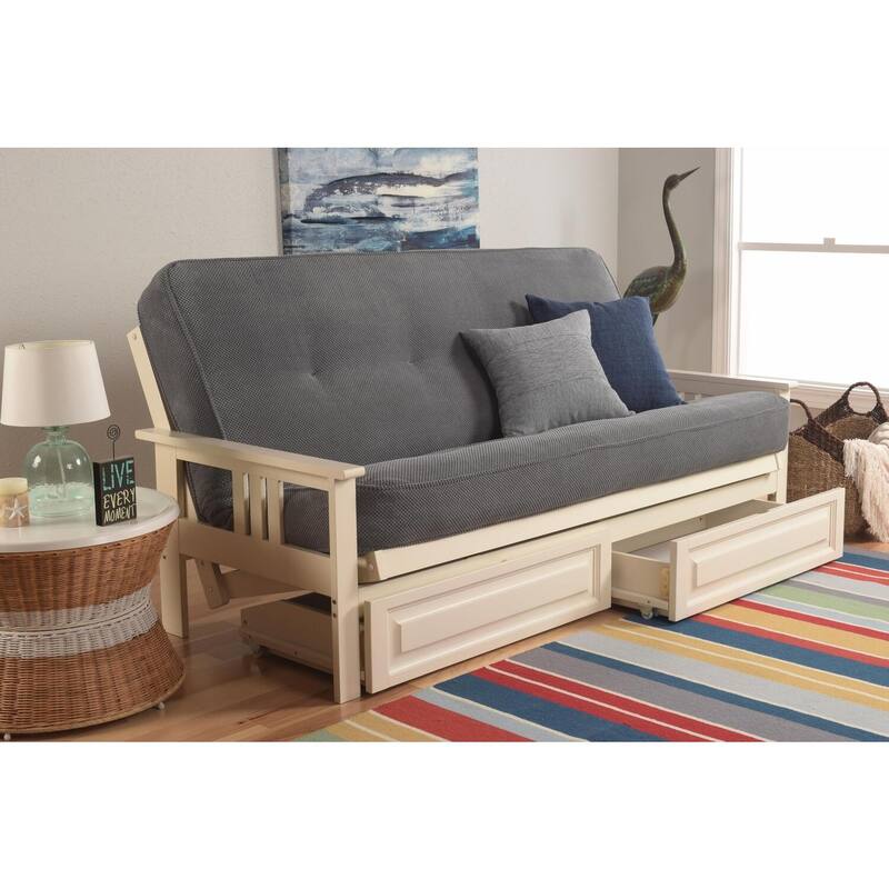 79 in. Antique White/Marmont Thunder Polyester Upholstered Full Size Futon Set with Mattress and Storage Drawers