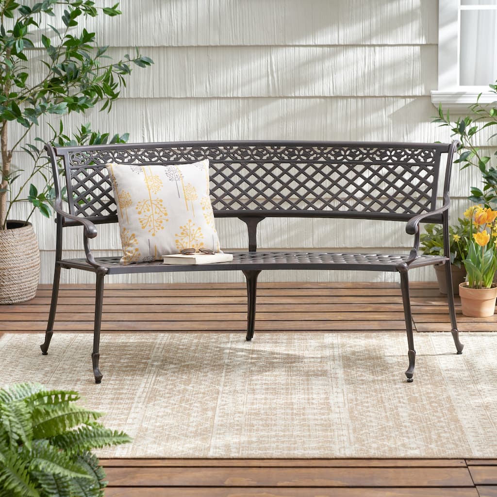 Curved Outdoor Bench with Diamond Pattern Backrest, Aluminum Entryway Bench Decorative Bench for Outdoor