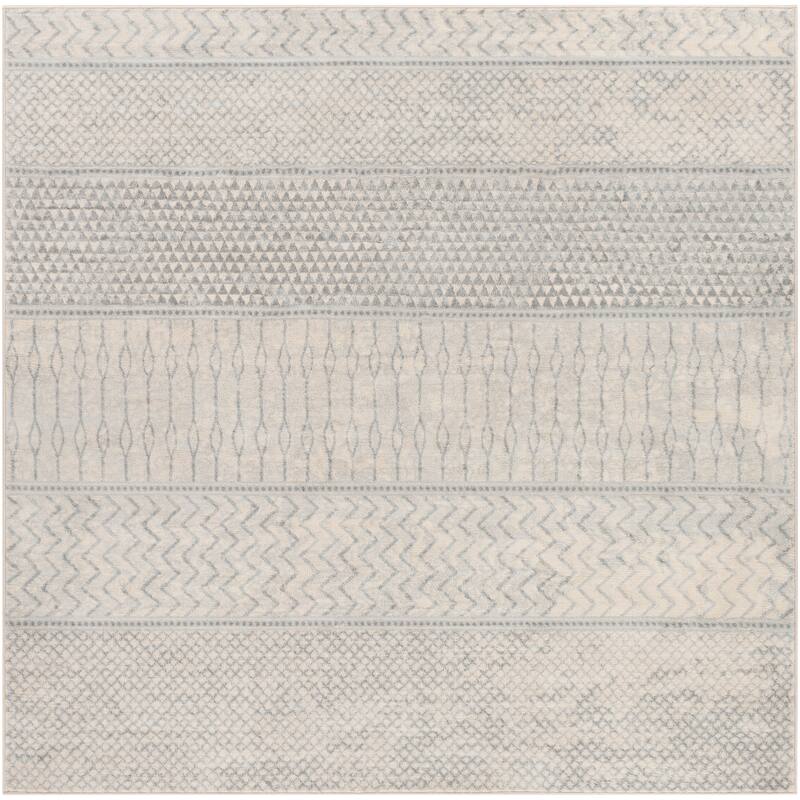 Livabliss Lovato Bohemian Block Print Area Rug - Silver/Grey - 6'7" Square