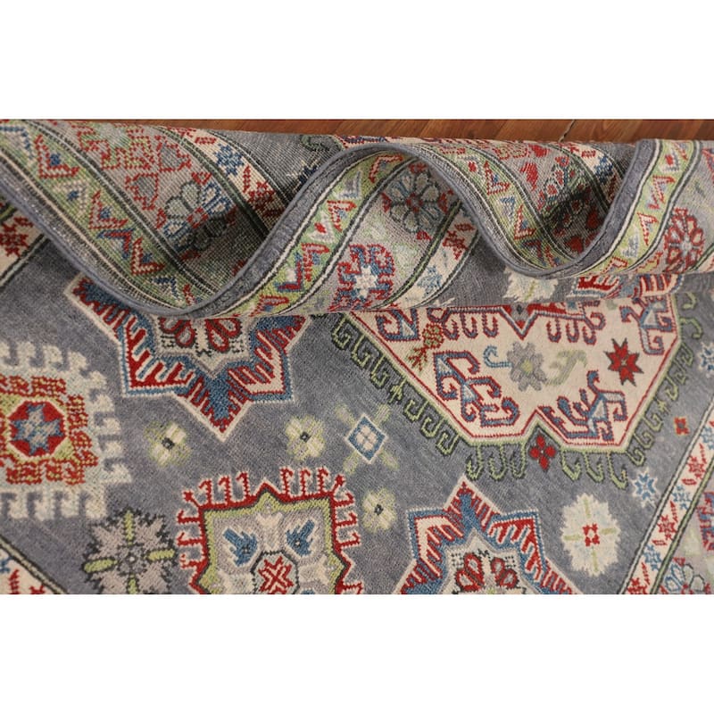Geometric Kazak Rug Hand-Knotted Grey Oriental Wool Carpet - 4'0" x 6'0"