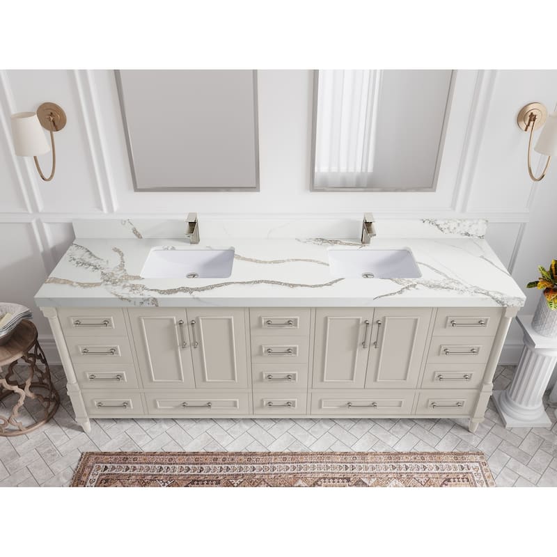 Willow Collections 84 in. W x 22 in. D Aberdeen Double Bowl Sink Bathroom Vanity with Countertop - 2" Calacatta Gold - Fine Grain