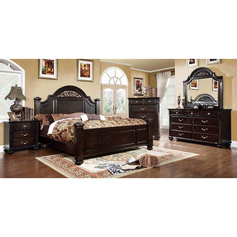Classic Dark Walnut Bedroom Furniture Set Bed Nightstand Dresser Mirror Chest