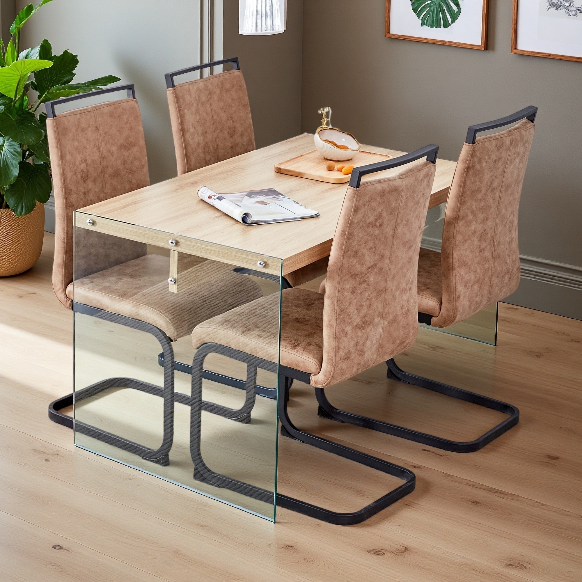 Wood Texture MDF Coffee Table with Tempered Glass Legs, Paired with 4 Tech Fabric Chairs with Arched Legs