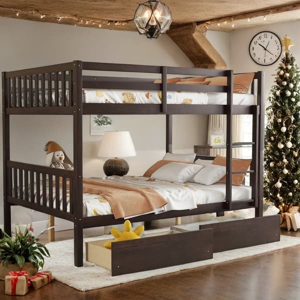 slide 2 of 20, Bunk Bed with 2 Storage Drawers Under Bed,Detachable Beds,Full over Full for Bedroom Espresso
