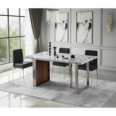 Elegant Luxurious Imitation Marble MDF Dinning Table for 6 or 8, Rectangular 63"L*35.4"W*29.8"H, Walnut+Stainless Steel