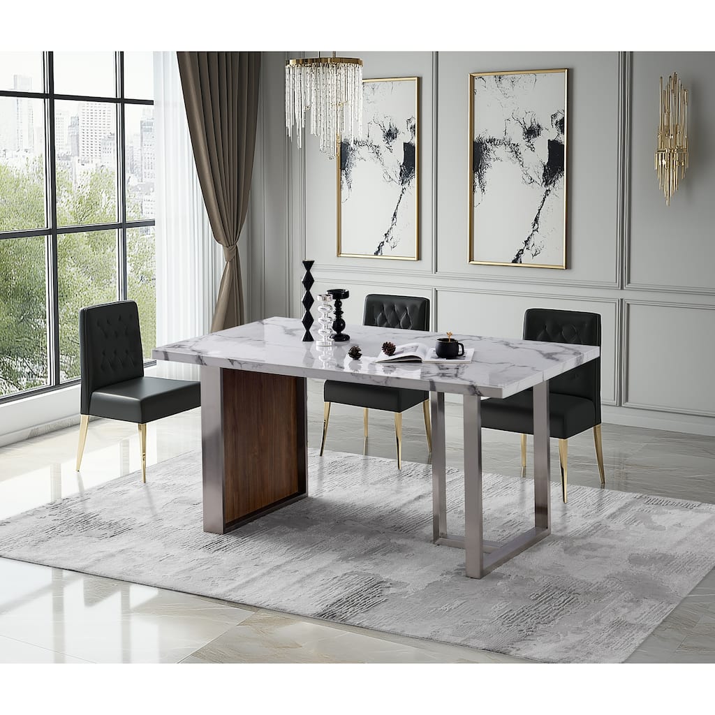 Elegant Luxurious Imitation Marble MDF Dinning Table for 6 or 8, Rectangular 63"L*35.4"W*29.8"H, Walnut+Stainless Steel