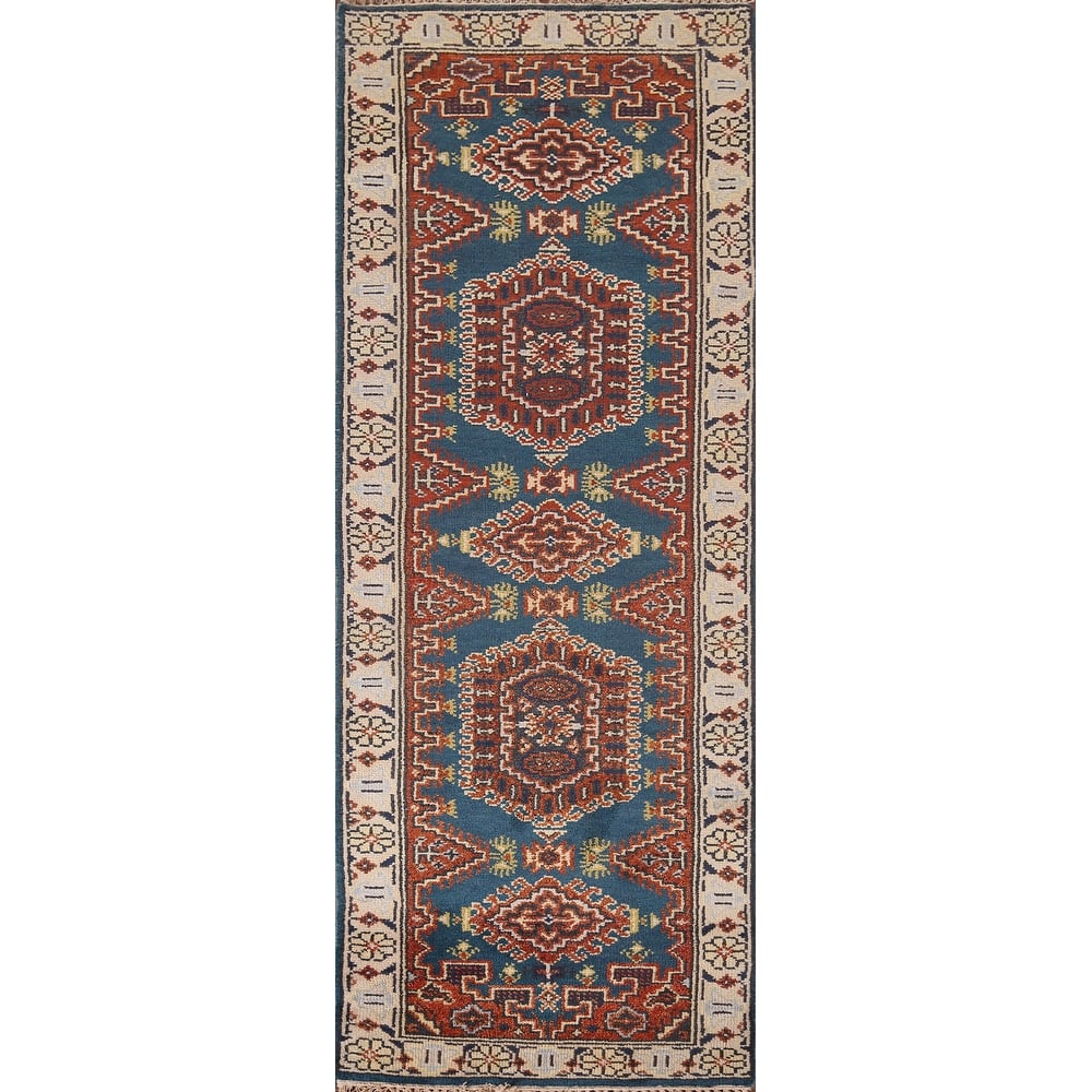 Blue Geometric Viss Oriental Runner Rug Handmade Wool Carpet - 2'6"x 7'10"