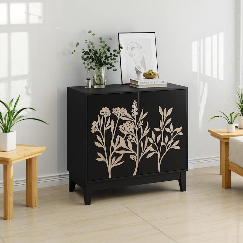 31.5 Inch Carved Buffet Cabinet, Sideboard with 2 Doors and Adjustable Shelves, Wooden Decorative Cabinet with Storage Space