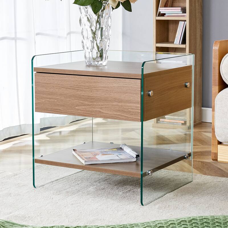 Roomfitters MDF Bedside Table with Glass Sides, Simple Modern Nightstand with Elegant Storage Space