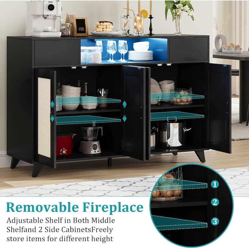 Rattan Sideboard Buffet Cabinet,4 Doors 2 Drawers Accent Storage Cabinet,Table Coffee Bar