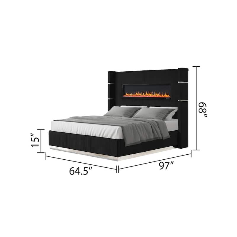 Lizelle Modern Style Queen/King Upholstered Bed with USB Ports, Fireplace Headboard & Made with Wood