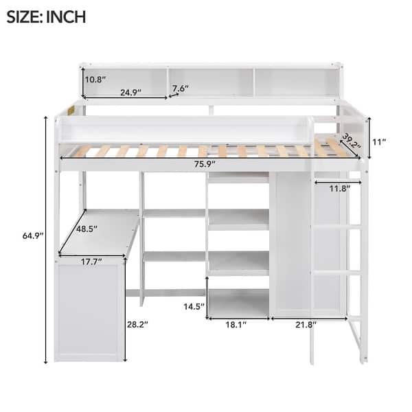 Elegant Sturdy Wood Twin Loft bed with Multiple Storage Shelves and Wardrobe, Built-in desk and Full-length Guardrails, White