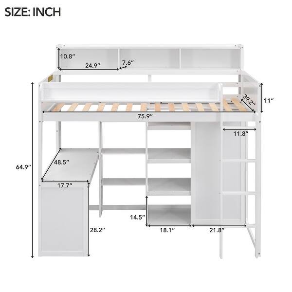 dimension image slide 1 of 2, Twin Size Wooden Loft bed with Storage Shelves and Wardrobe,Built-In Desk Beneath