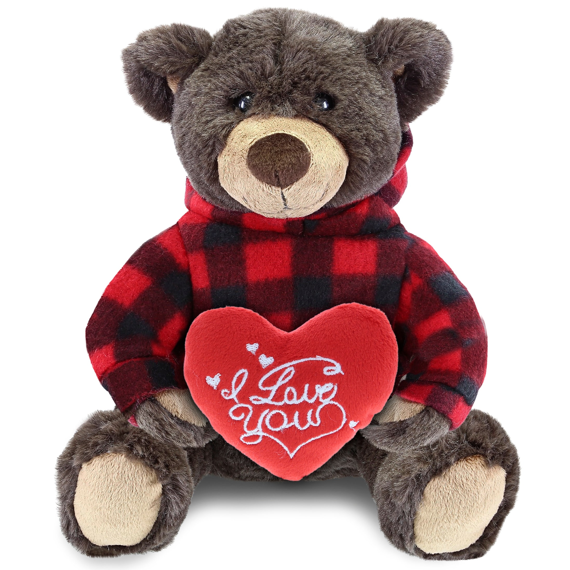 DolliBu I LOVE YOU Brown Bear Plush with Red Plaid Hoodie w/ Red Heart - 10 inches