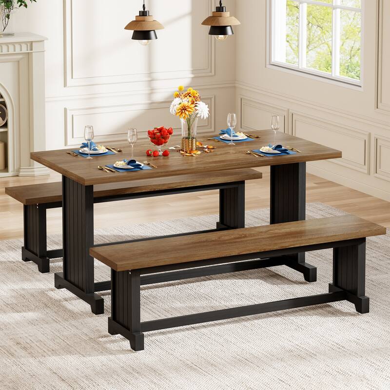 47 Inches Farmhouse Wood 3-piece Small Dining Table with 2 Benches